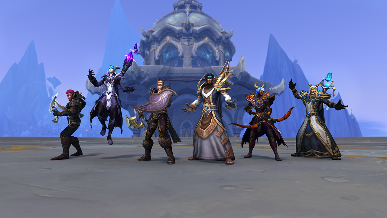 image showing the Hunter, Rogue, Priest, Warrior, and Warlock Dracthyr in their visage forms